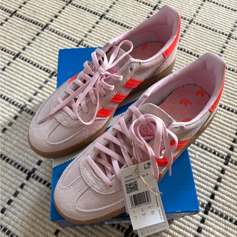 adidas Handball Spezial Pink Suede Sneakers with Orange Stripes Size 7.5